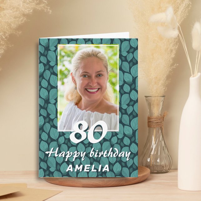 Turquoise Leaf Pattern 80th Birthday Photo Card (Creator Uploaded)