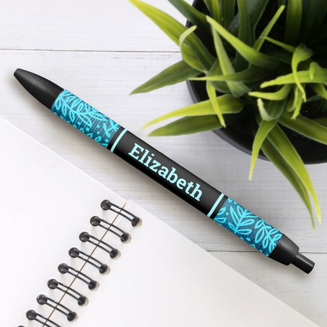 Turquoise leaf pattern custom name modern black ink pen (Creator Uploaded)