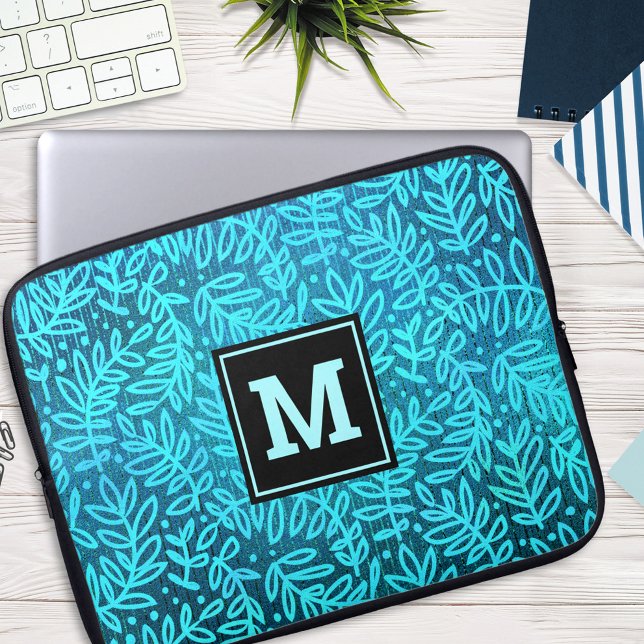Turquoise leaf pattern monogram bold typography  laptop sleeve (Creator Uploaded)