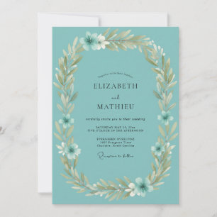 Turquoise Leaf Wreath Wedding Invitation