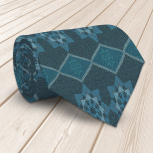 Turquoise Leafy floral Octagon and Diagonal patter Tie