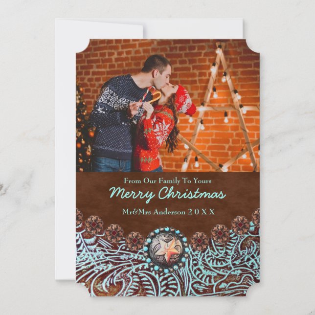 Turquoise Leather Country Western Christmas Photo Holiday Card (Front)