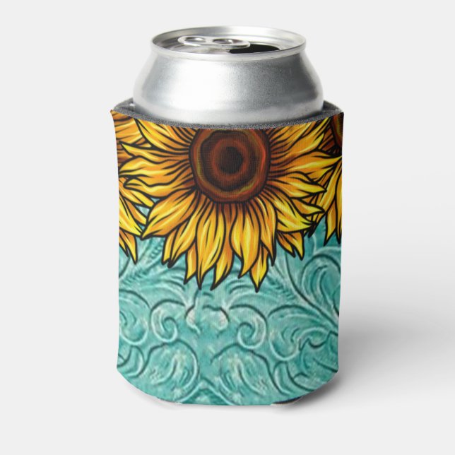 Turquoise Leather Tooled Bright Sunny Sunflowers Can Cooler (Can Back)