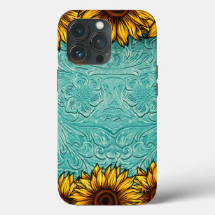 Turquoise Leather Tooled Bright Sunny Sunflowers Case-Mate iPhone Case