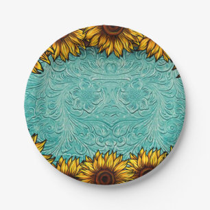 Turquoise Leather Tooled Bright Sunny Sunflowers Paper Plate