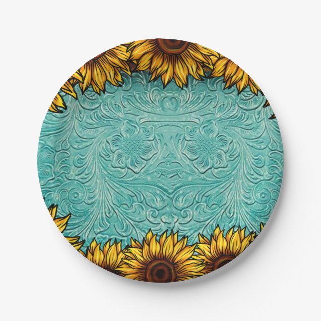Turquoise Leather Tooled Bright Sunny Sunflowers Paper Plate (Front)