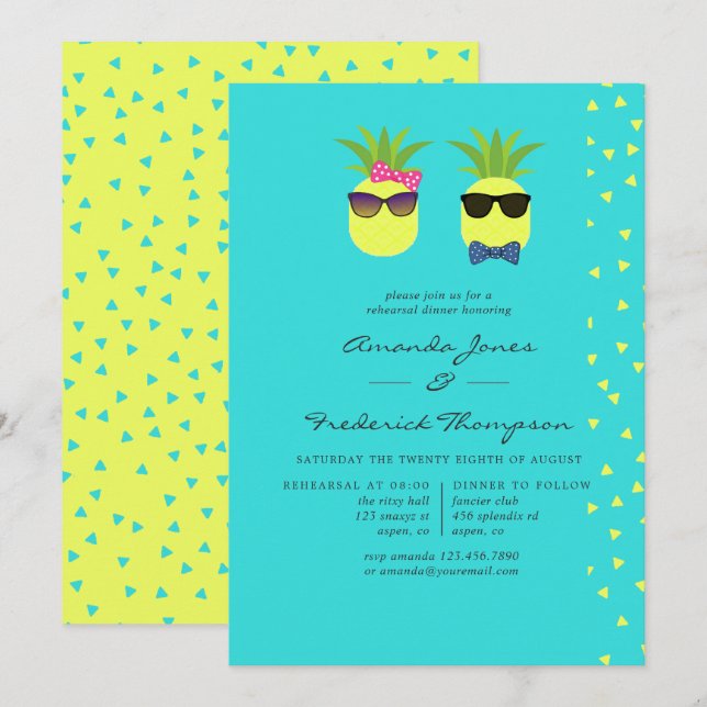 Turquoise & Lemon Tropical Summer Rehearsal Dinner Invitation (Front/Back)