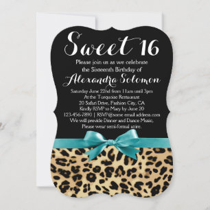 Turquoise Leopard Print Bow Sweet 16th Birthday Invitation