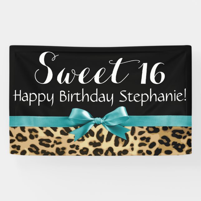 Turquoise Leopard Print Sweet 16 Birthday Party Banner (Horizontal)