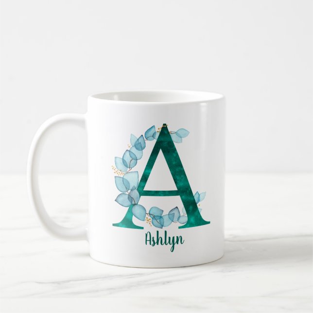 Turquoise Letter A blue eucalyptus wreath  Coffee Mug (Left)