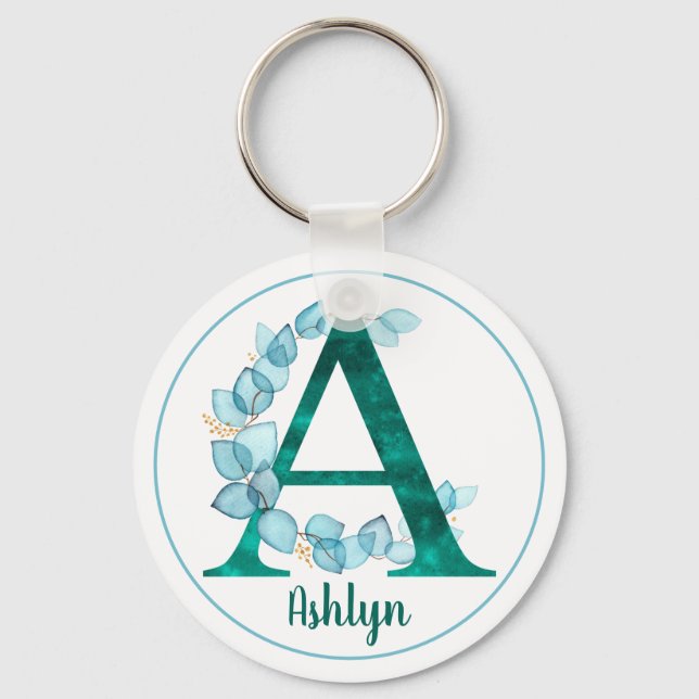 Turquoise Letter A blue eucalyptus wreath  Key Ring (Front)