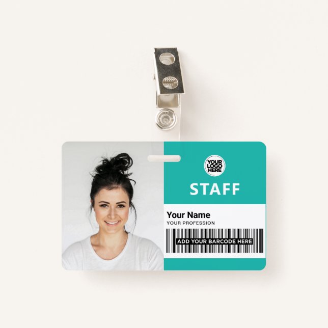 Turquoise Light Blue Business Photo Staff ID ID Badge (Front with Clip)