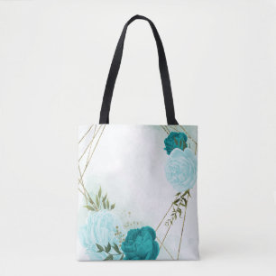 turquoise light blue flowers tote bag