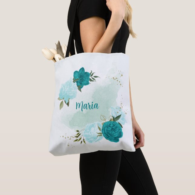 turquoise light blue flowers  tote bag (Close Up)