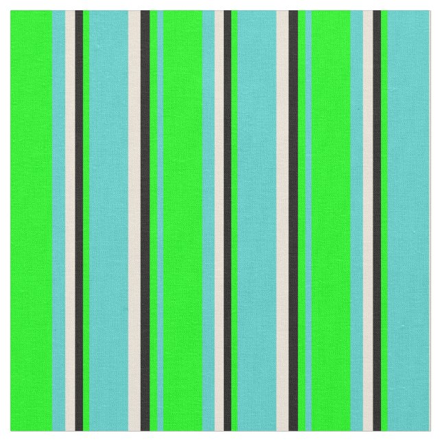 Turquoise, Lime, Black & Bisque Coloured Lines Fabric (Close Up)