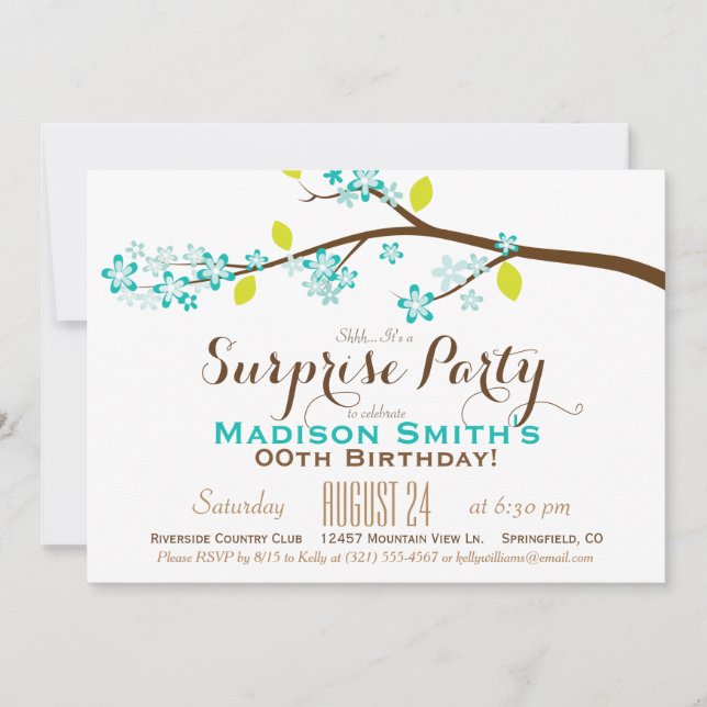 Turquoise, Lime, Brown Birthday Surprise Party Invitation (Front)