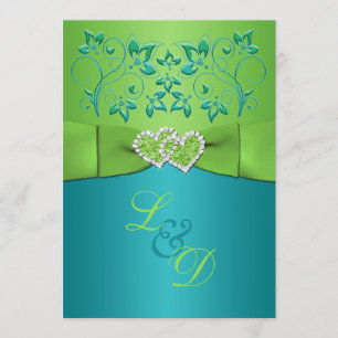 Turquoise, Lime Floral Joined Hearts Invitation 2