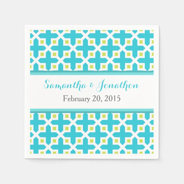 Turquoise & Lime Green Cross Pattern Wedding Napkin (Front)