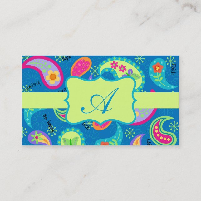 Turquoise Lime Green Modern Paisley Monogram Business Card (Front)