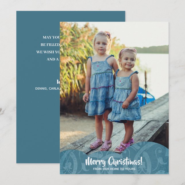 Turquoise Linen Filigree Photo Christmas Holiday Card (Front/Back)