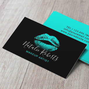 Turquoise Lips Makeup Artist Plain Black Salon Business Card
