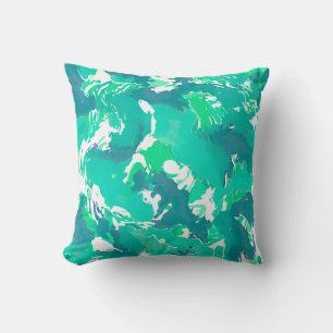 Turquoise liquid abstract pattern and white  cushion