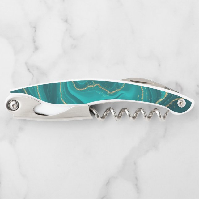 Turquoise liquid marble background with gold corkscrew (Front)