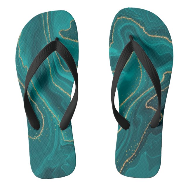 Turquoise liquid marble background with gold flip flops (Footbed)