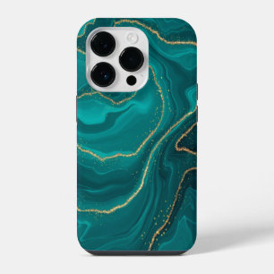 Turquoise liquid marble background with gold iPhone 14 pro case