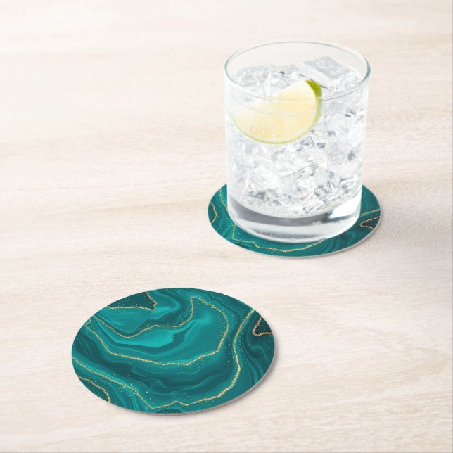 Turquoise liquid marble background with gold round paper coaster (Insitu)