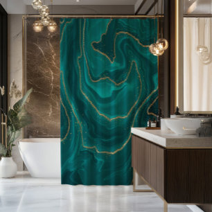 Turquoise liquid marble design background with gol shower curtain