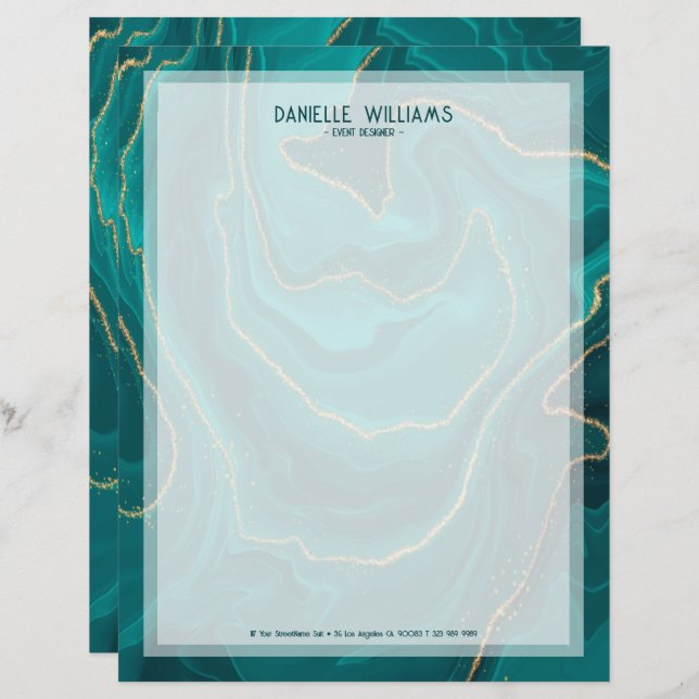 Turquoise liquide abstract marble texture custom letterhead (Front/Back)