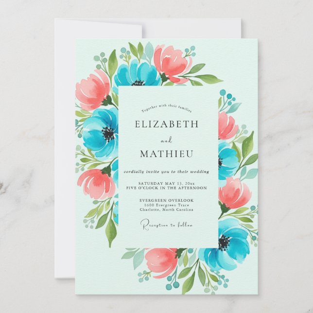 Turquoise Lively Botanical Wedding Invitation (Front)