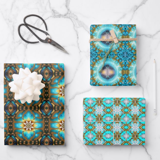 Turquoise Lotus Fractal Pattern Wrapping Paper Sheet (Front)