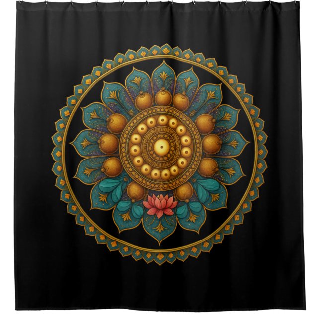 Turquoise Lotus Mandala Art | Black Boho Graphic Shower Curtain (Front)