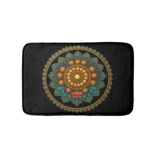 Turquoise Lotus Mandala - Black Boho Graphic Art Bath Mat