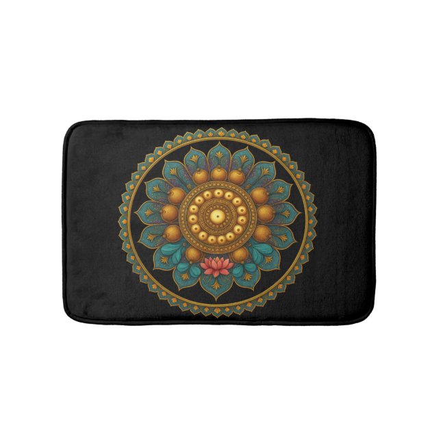 Turquoise Lotus Mandala - Black Boho Graphic Art Bath Mat (Front)