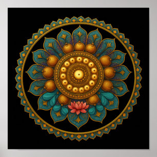 Turquoise Lotus Mandala - Black Boho Graphic Art Poster