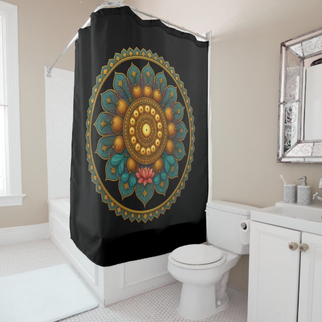 Turquoise Lotus Mandala - Black Boho Graphic Art Shower Curtain (In Situ)