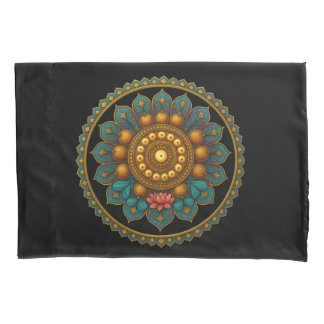 Turquoise Lotus Mandala - Reversible Black Boho Pillowcase