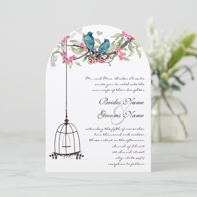 Turquoise Love Bird Pink Apricot Peach Birdcage Invitation (Standing Front)