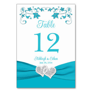 Turquoise Love Hearts Wedding Table Number Card