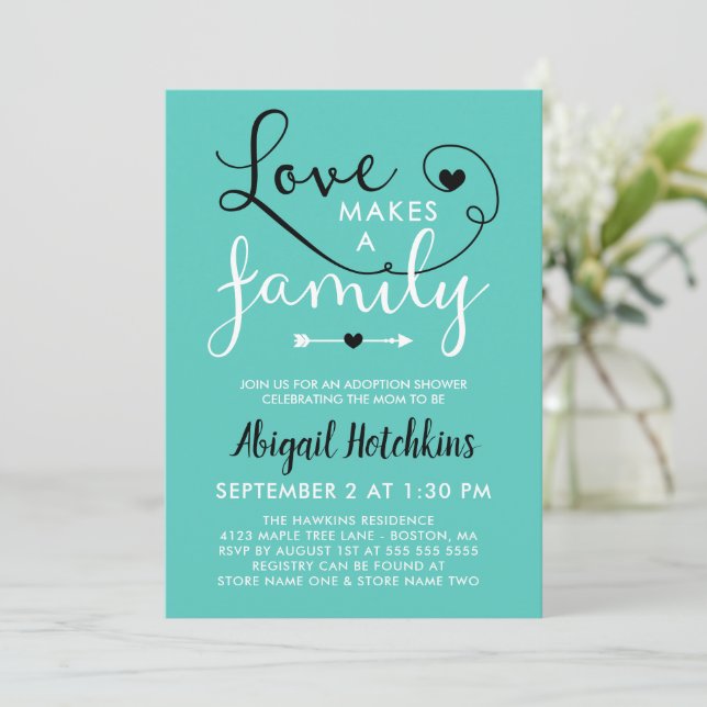Turquoise Love Makes A Family Adoption Shower Invitation (Standing Front)