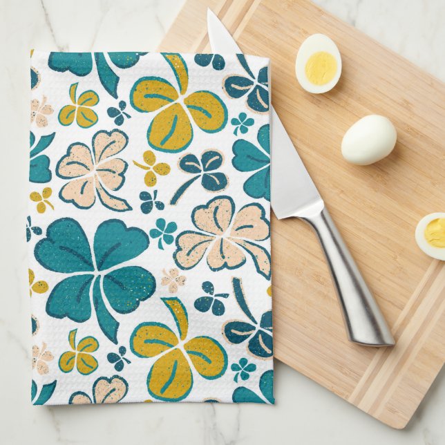 Turquoise Lucky 4 Leaves Shamrocks Clover Pattern Tea Towel (Quarter Fold)