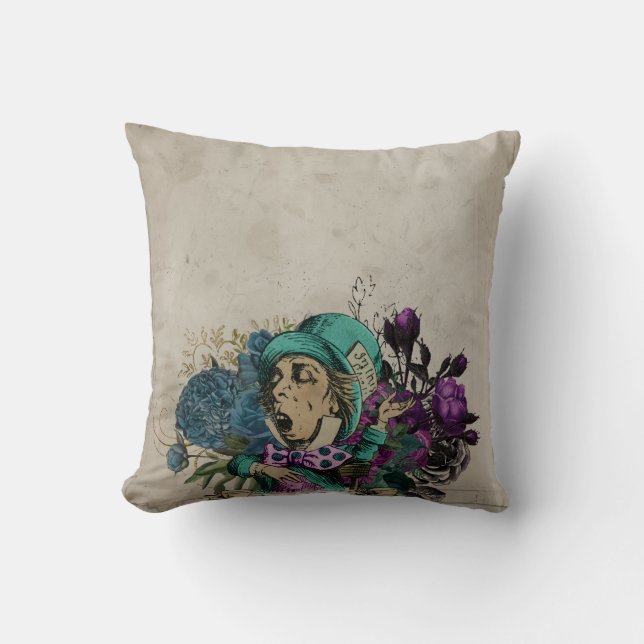 Turquoise Mad Hatter Alice in Wonderland Cushion (Front)