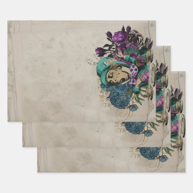 Turquoise Mad Hatter Alice in Wonderland Wrapping Paper Sheet (Set)