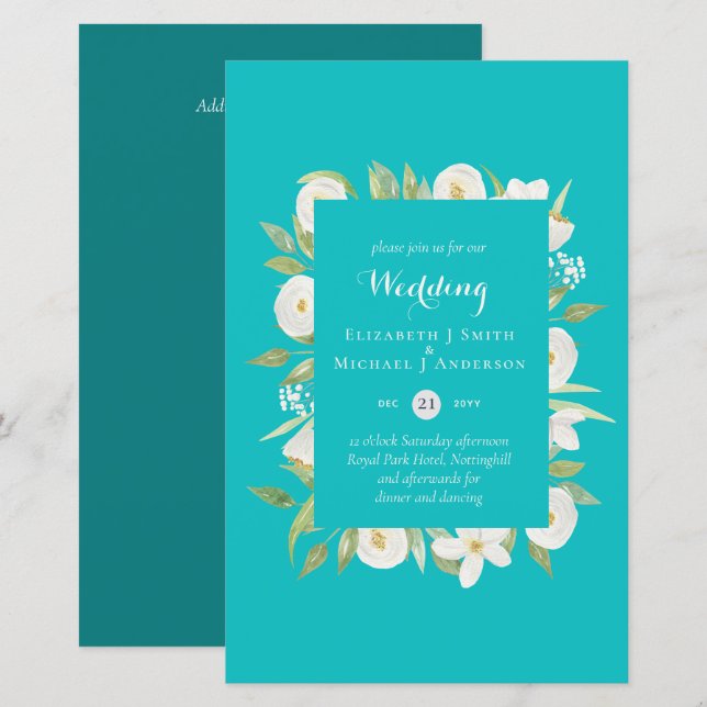 Turquoise Magnolia Floral Budget Wedding Invite A9 (Front/Back)