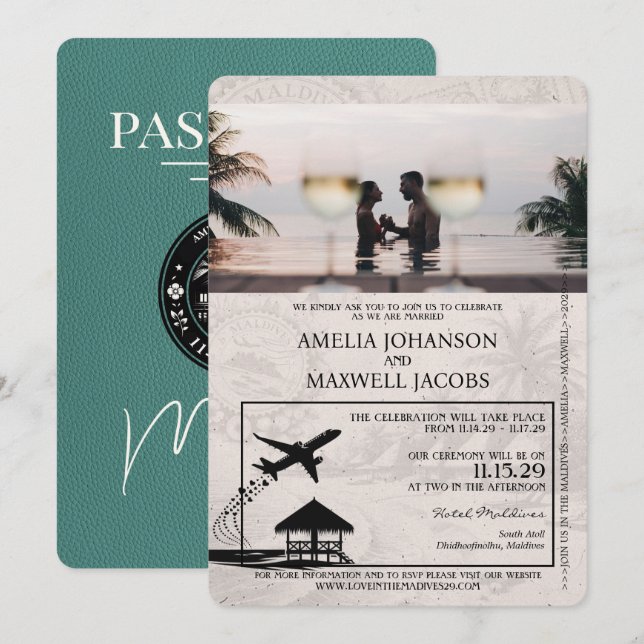 Turquoise Maldives Passport Wedding Invitation (Front/Back)