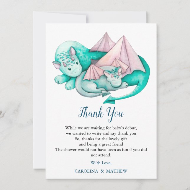 Turquoise Mama and Sleeping Baby Dragon Thank You Card (Front)