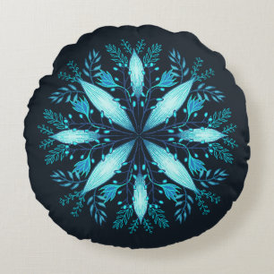 Turquoise Mandala - Blue Winter Snowflake Flower Round Cushion